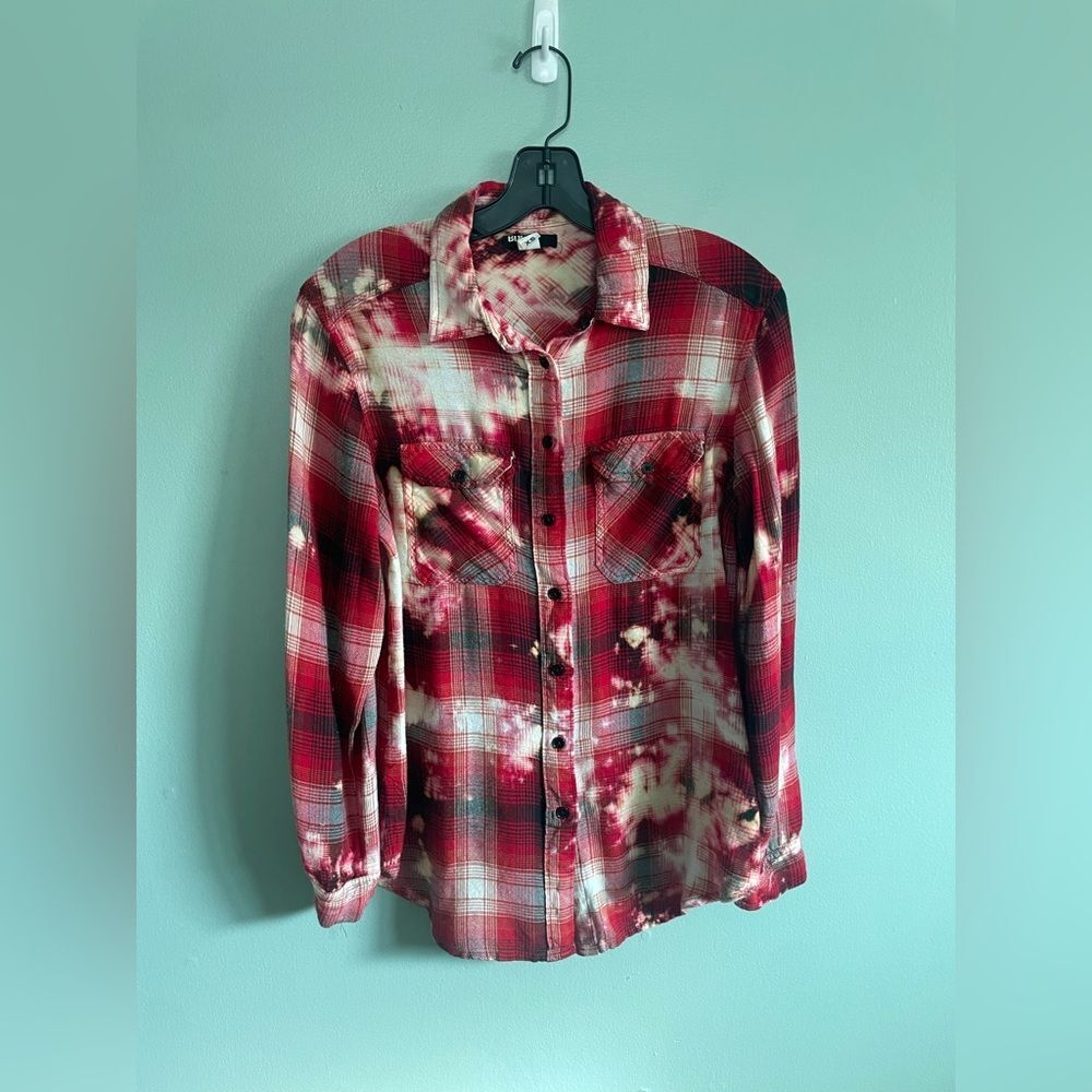 Handmade Upcycled Bleached Tie Dye Red and Black Plaid Button-Up Shirt Womens XS